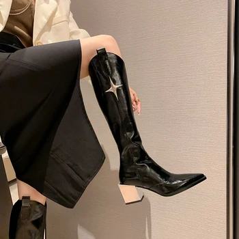 2022 Нов старт на Зимните женски модерни обувки от естествена кожа (7 cm), с високи обувки в британския стил до коляното