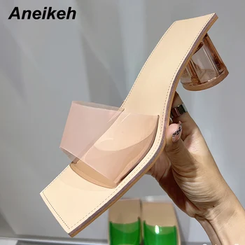 Aneikeh/нова дамски обувки; летни обикновена прозрачна джапанки на Тънък ток, с Кристали и квадратни пръсти; модни лаконичен чехли за дребни подметка