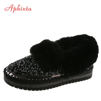 Aphixta Bling/ луксозни зимни топли дамски лоферы Falts с кристали, 3 см, топло космати обувки на равна платформа, без шнур, дамски обувки Големи размери, 41, 42
