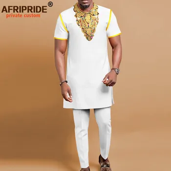 Африкански Костюми за Мъже с Бродерия под формата на Вериги, Ризи с Къс Ръкав и Панталони, Комплект от 2 теми, Кафтан Дашики за Сватбена Вечер A2216099