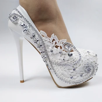 Сватбени обувки на много висок ток, с бяло цвете за младоженеца, женски обувки на висока платформа, дамски Модни Вечерни обувки с кръгло бомбе